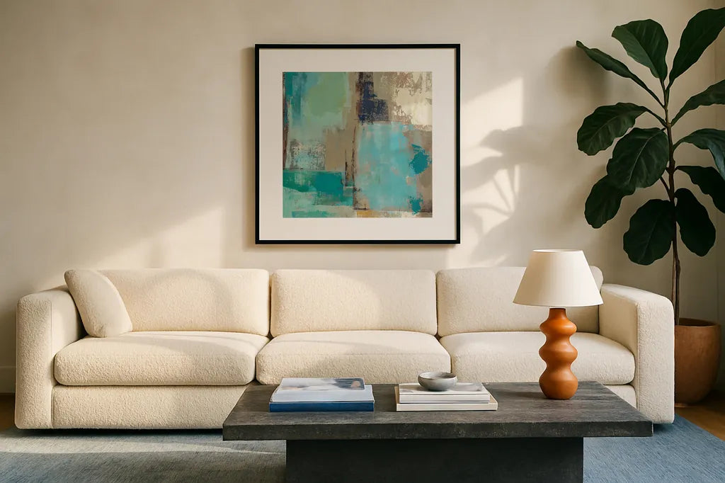 Teal and Aqua Reflections II by Silvia Vassileva. Displayed in a glass frame with matte in a clean modern living room. Available as an archival giclee rolled canvas, fine art paper, or poster print. SKU 77944a.