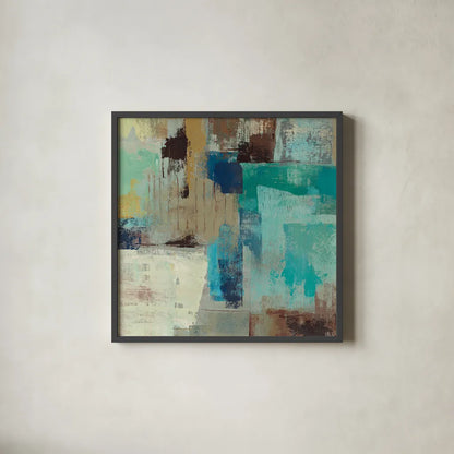 Teal and Aqua Reflections III by Silvia Vassileva. Shown in a sleek black glass frame for a contemporary gallery look. Available as an archival giclee rolled canvas, fine art paper, or poster print. SKU 77945a.