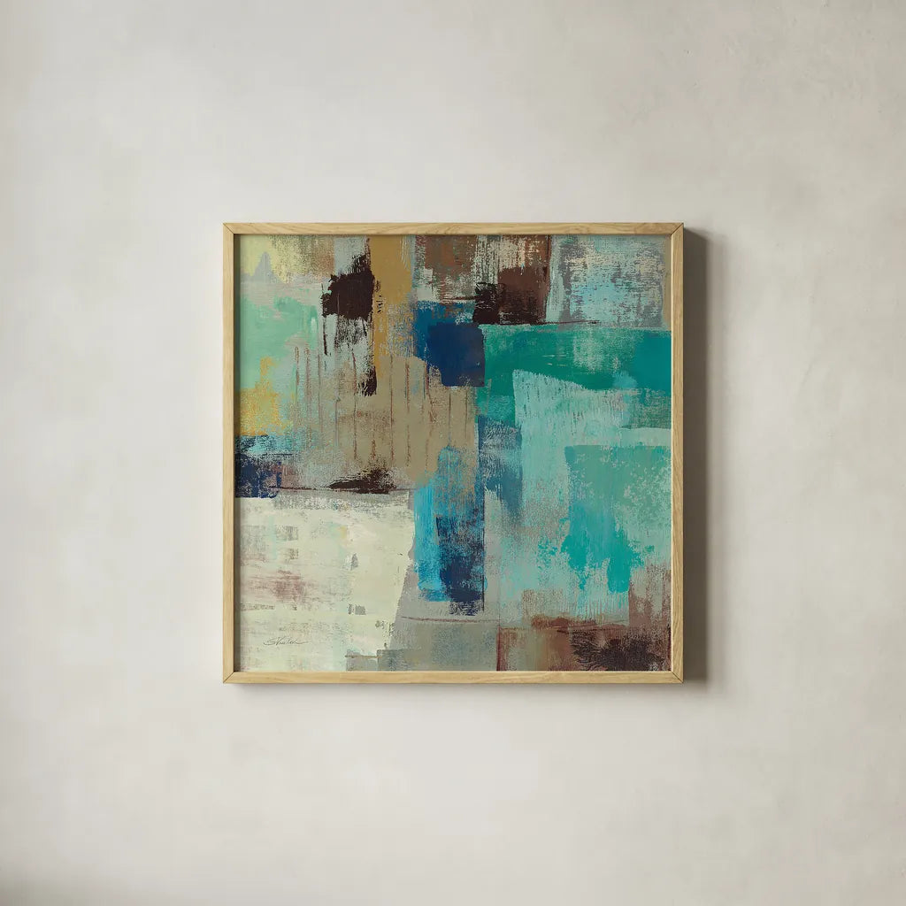 Teal and Aqua Reflections III by Silvia Vassileva. Shown in a natural wood glass frame for a timeless modern aesthetic. Available as an archival giclee rolled canvas, fine art paper, or poster print. SKU 77945a.