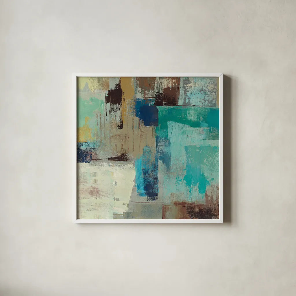Teal and Aqua Reflections III by Silvia Vassileva. Shown in a crisp white glass frame for a clean and minimalist style. Available as an archival giclee rolled canvas, fine art paper, or poster print. SKU 77945a.