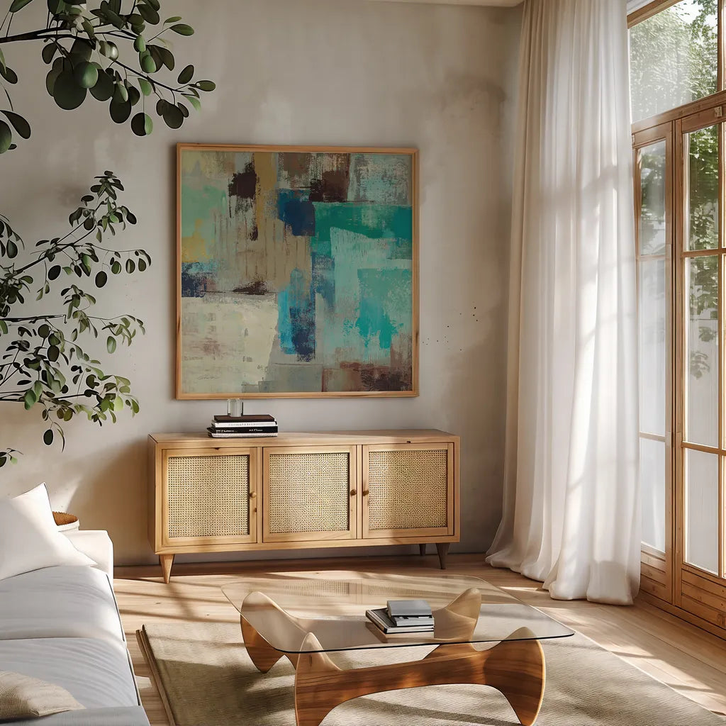 Teal and Aqua Reflections III by Silvia Vassileva. Shown in a natural wood frame in a cozy modern living room. Available as an archival giclee rolled canvas, fine art paper, or poster print. SKU 77945a.