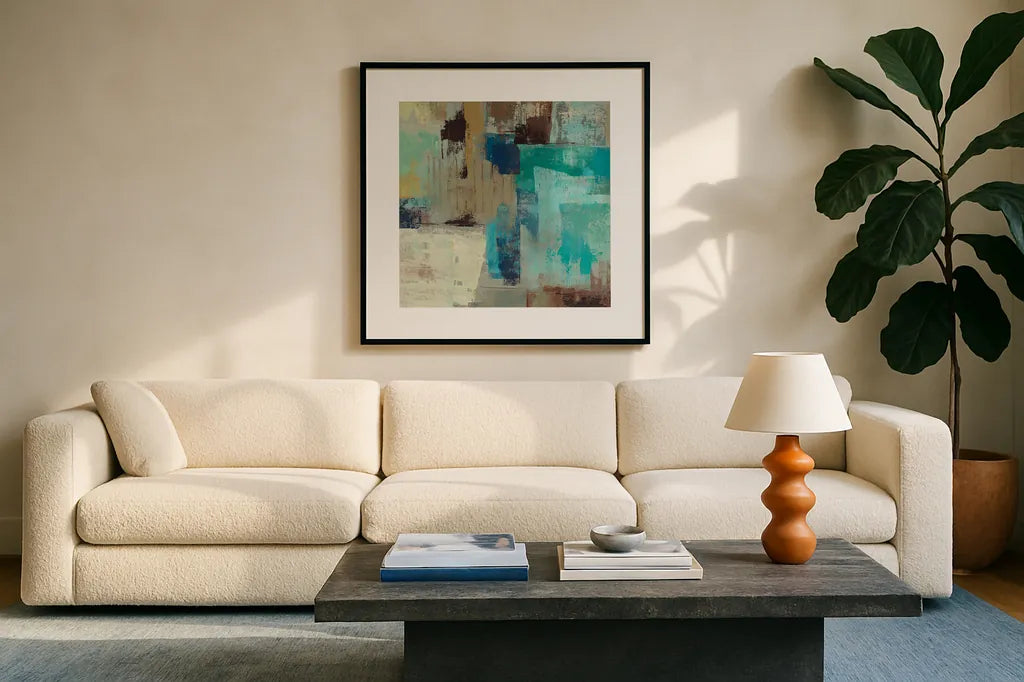 Teal and Aqua Reflections III by Silvia Vassileva. Displayed in a glass frame with matte in a clean modern living room. Available as an archival giclee rolled canvas, fine art paper, or poster print. SKU 77945a.