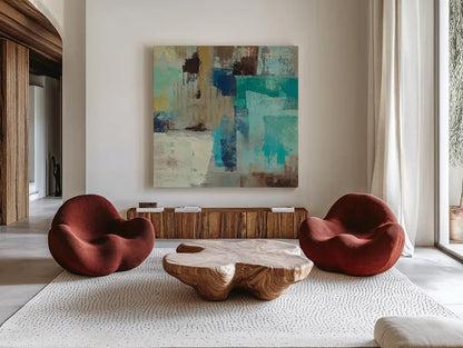 Teal and Aqua Reflections III by Silvia Vassileva. Shown as extra-large giant wall art in a modern living room. Available as an archival giclee rolled canvas, fine art paper, or poster print. SKU 77945a.