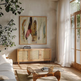 Terracotta Tile I by Silvia Vassileva. Shown in a natural wood frame in a cozy modern living room. Available as an archival giclee rolled canvas, fine art paper, or poster print. SKU 69143a.