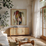 Terracotta Tile II by Silvia Vassileva. Shown in a natural wood frame in a cozy modern living room. Available as an archival giclee rolled canvas, fine art paper, or poster print. SKU 69144a.