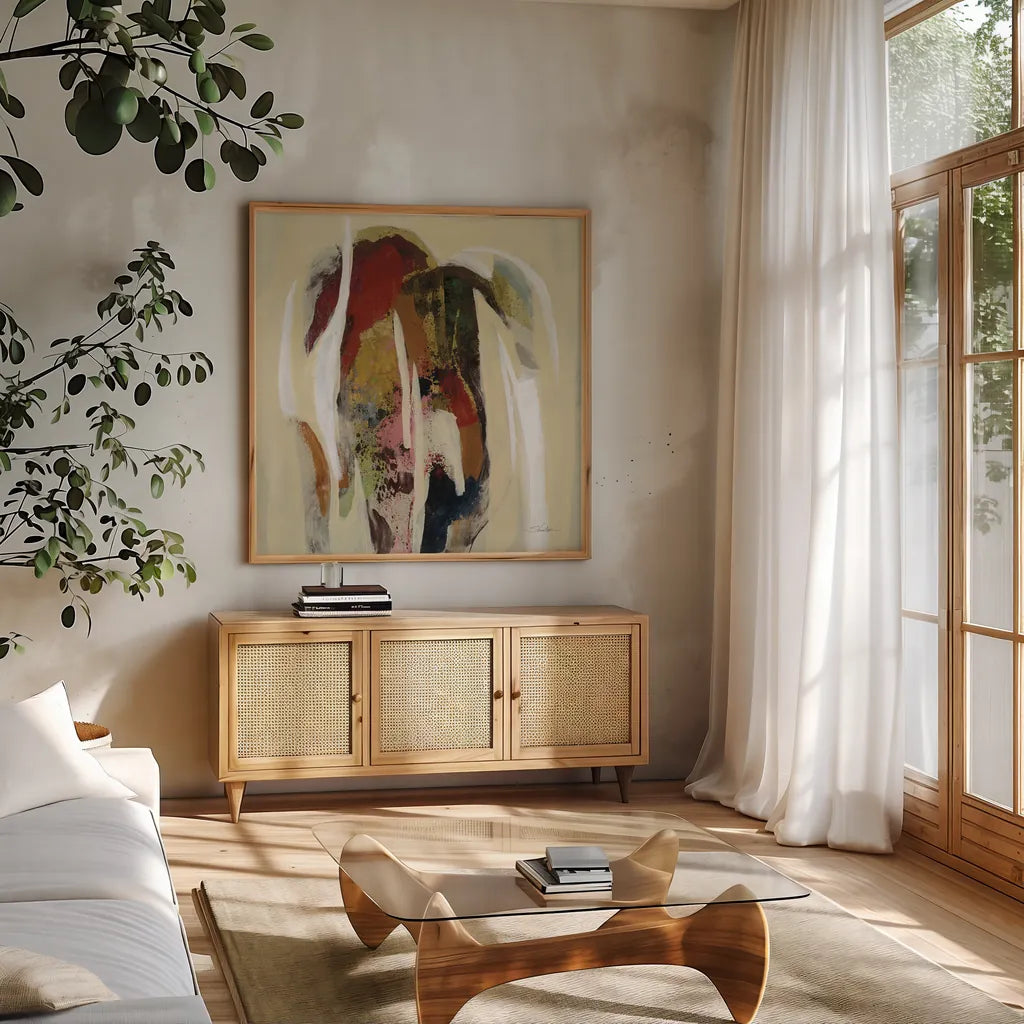 Terracotta Tile II by Silvia Vassileva. Shown in a natural wood frame in a cozy modern living room. Available as an archival giclee rolled canvas, fine art paper, or poster print. SKU 69144a.