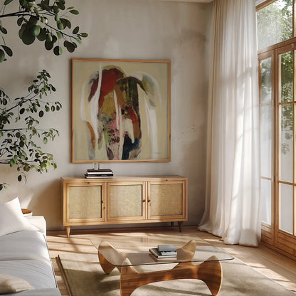 Terracotta Tile II by Silvia Vassileva. Shown in a natural wood frame in a cozy modern living room. Available as an archival giclee rolled canvas, fine art paper, or poster print. SKU 69144a.