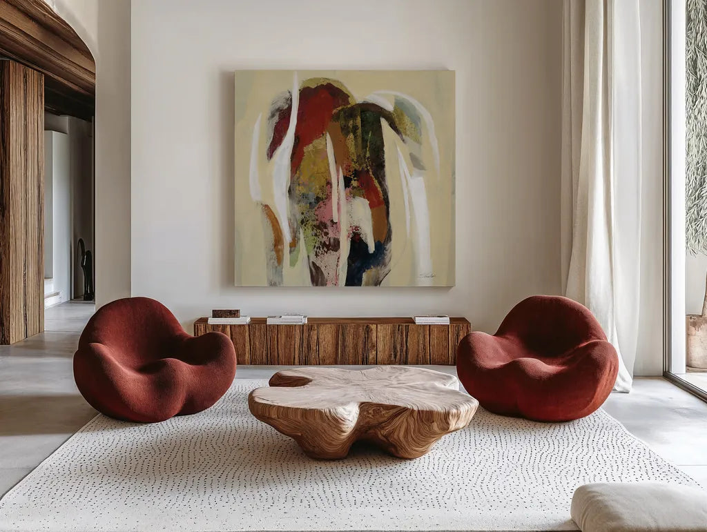 Terracotta Tile II by Silvia Vassileva. Shown as extra-large giant wall art in a modern living room. Available as an archival giclee rolled canvas, fine art paper, or poster print. SKU 69144a.