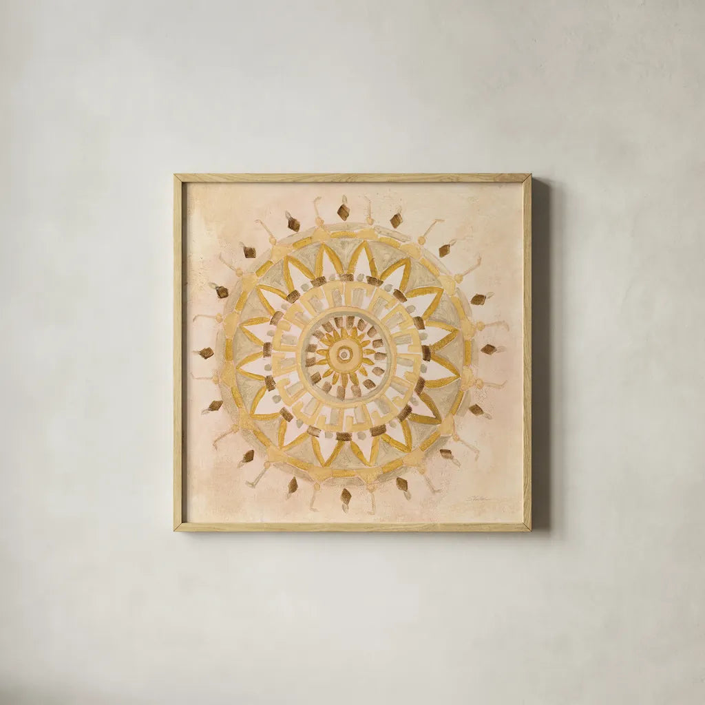 Textured Mandala by Silvia Vassileva. Shown in a natural wood glass frame for a timeless modern aesthetic. Available as an archival giclee rolled canvas, fine art paper, or poster print. SKU 64235a.