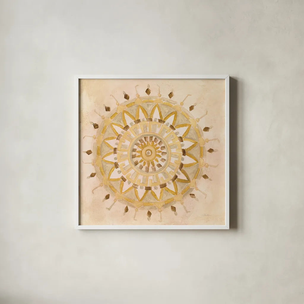 Textured Mandala by Silvia Vassileva. Shown in a crisp white glass frame for a clean and minimalist style. Available as an archival giclee rolled canvas, fine art paper, or poster print. SKU 64235a.