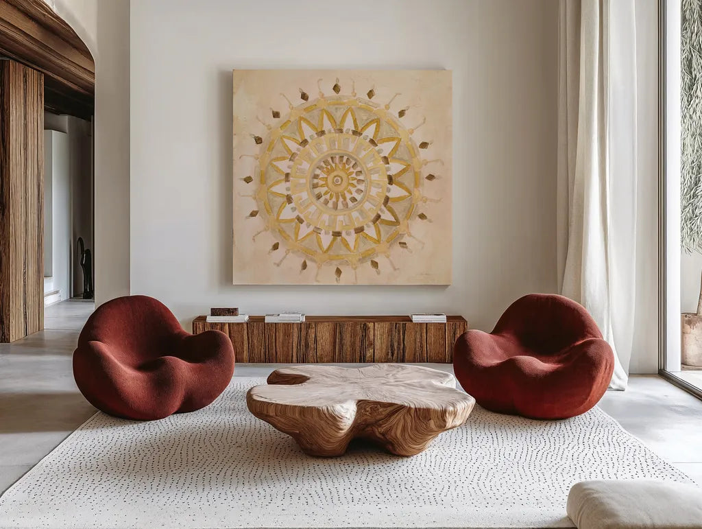 Textured Mandala by Silvia Vassileva. Shown as extra-large giant wall art in a modern living room. Available as an archival giclee rolled canvas, fine art paper, or poster print. SKU 64235a.