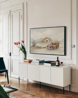 The Old Farm by Silvia Vassileva. shown as a framed stretched canvas in a living room above a console. Available as a archival giclee rolled canvas, fine art paper, or poster print. SKU 70503i.
