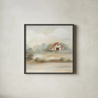 The Old Farm Landscape Crop by Silvia Vassileva. Shown in a sleek black glass frame for a contemporary gallery look. Available as an archival giclee rolled canvas, fine art paper, or poster print. SKU 74755a.