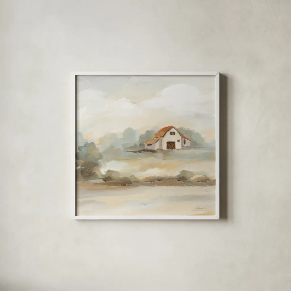 The Old Farm Landscape Crop by Silvia Vassileva. Shown in a crisp white glass frame for a clean and minimalist style. Available as an archival giclee rolled canvas, fine art paper, or poster print. SKU 74755a.
