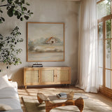 The Old Farm Landscape Crop by Silvia Vassileva. Shown in a natural wood frame in a cozy modern living room. Available as an archival giclee rolled canvas, fine art paper, or poster print. SKU 74755a.