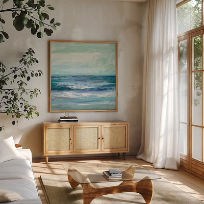 Tide Crop by Silvia Vassileva. Shown in a natural wood frame in a cozy modern living room. Available as an archival giclee rolled canvas, fine art paper, or poster print. SKU 17464a.