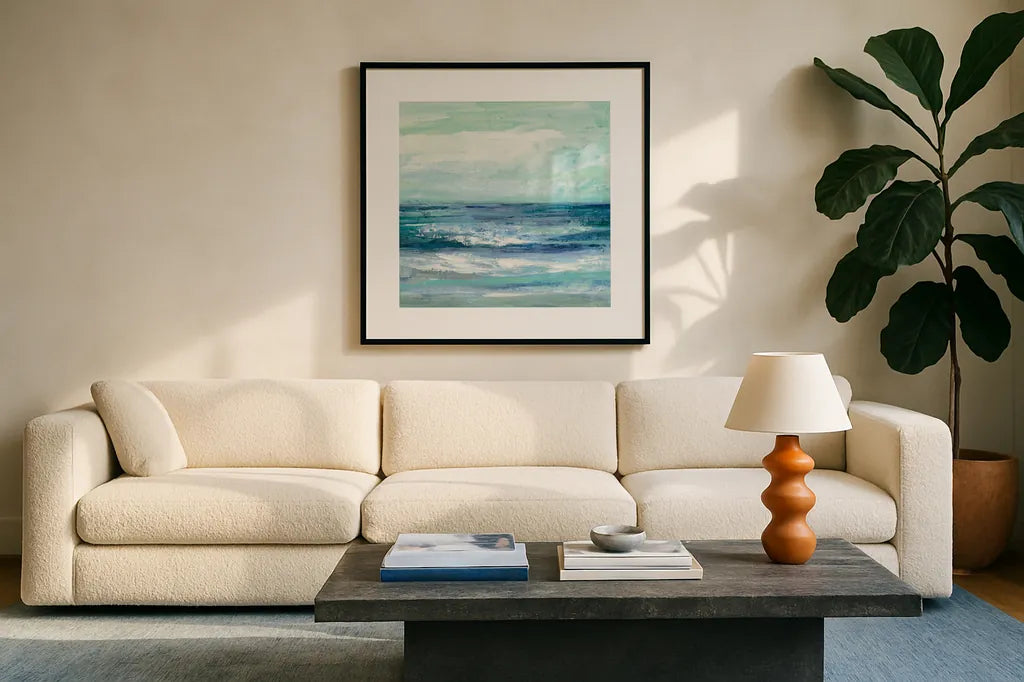 Tide Crop by Silvia Vassileva. Displayed in a glass frame with matte in a clean modern living room. Available as an archival giclee rolled canvas, fine art paper, or poster print. SKU 17464a.