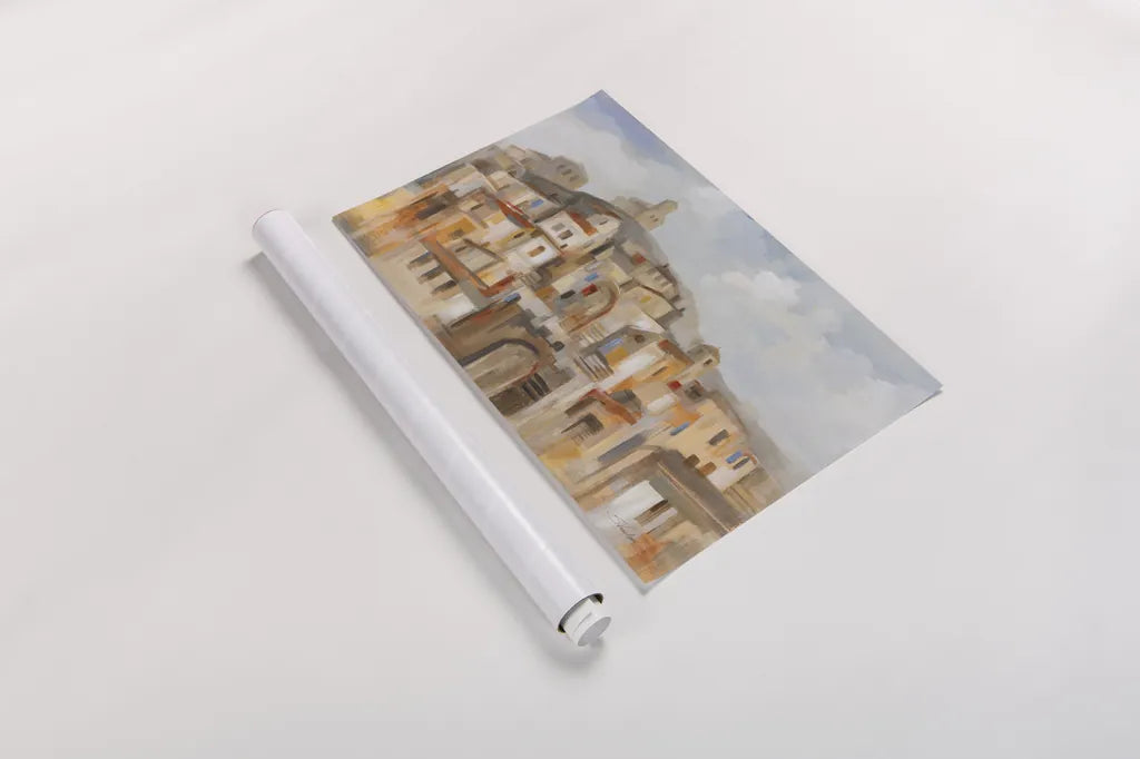 Town on the Hill by Silvia Vassileva. shown as a rolled paper print. Available as archival giclee rolled canvas, fine art paper, or poster print. SKU 89038i.