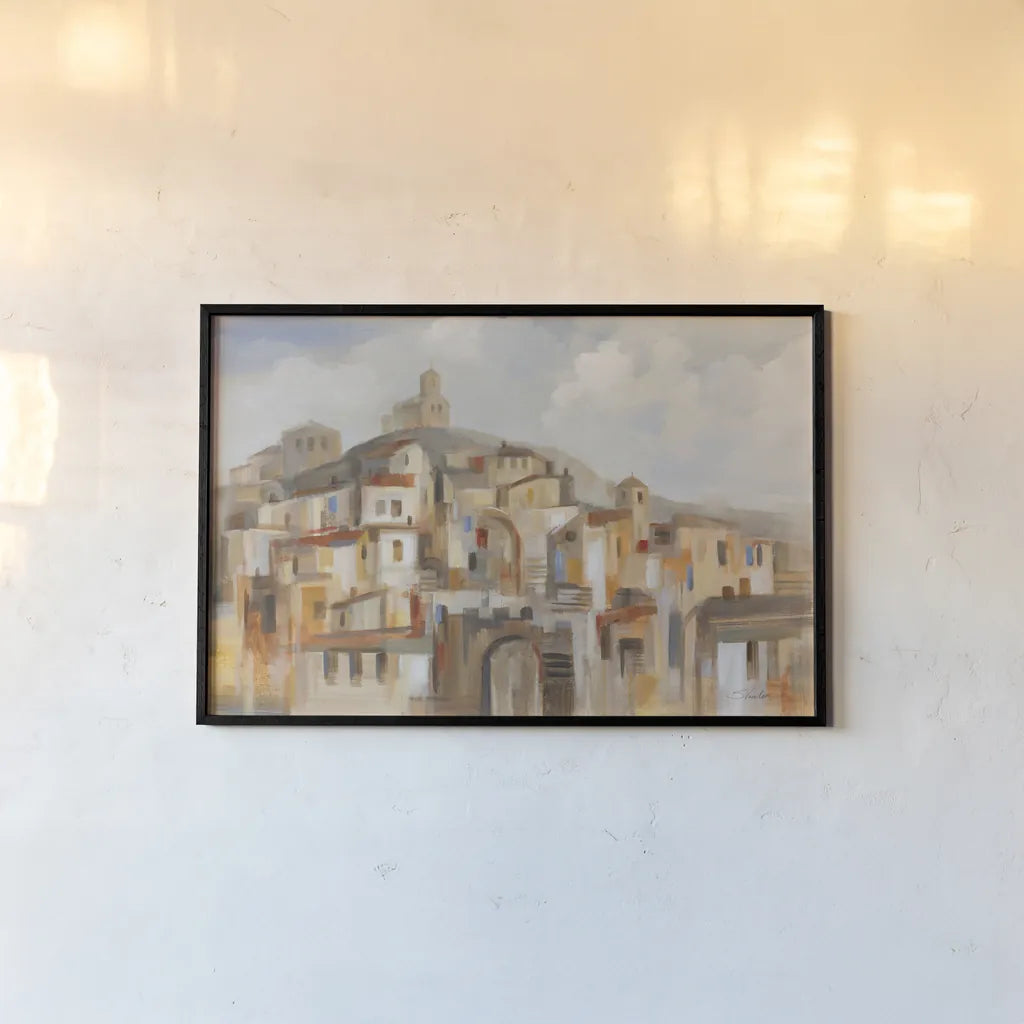 Town on the Hill by Silvia Vassileva. shown as a paper print in a black flame. Available as a archival giclee rolled canvas, fine art paper, or poster print. SKU 89038i.
