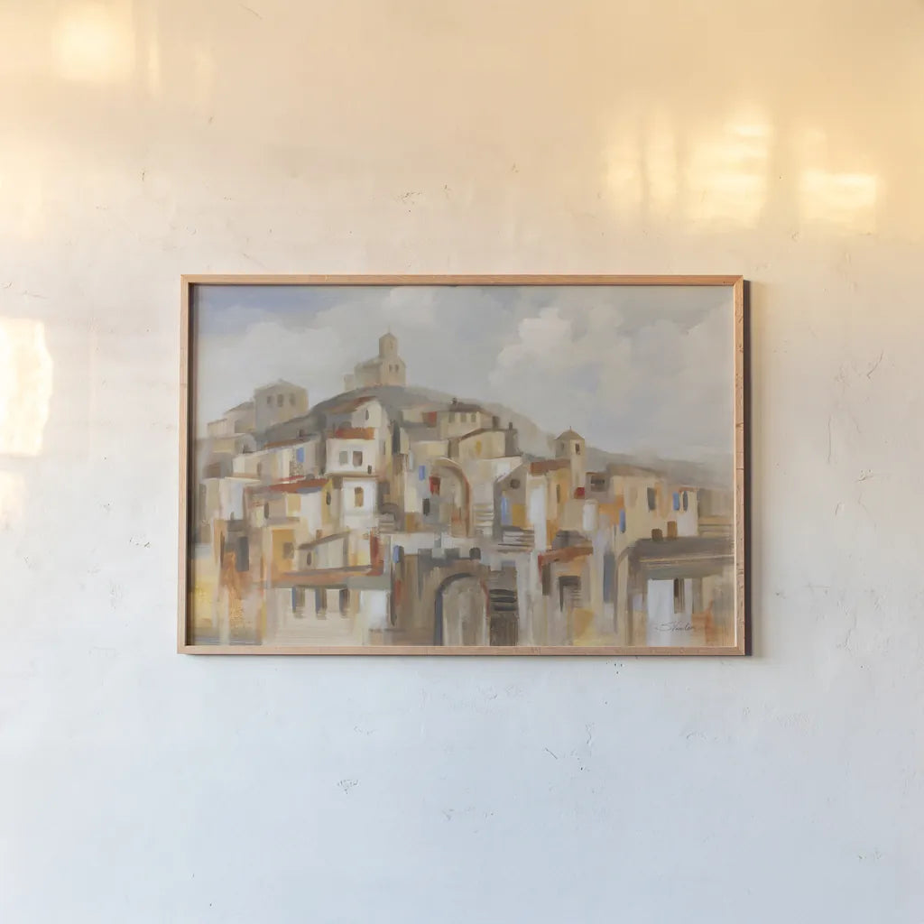 Town on the Hill by Silvia Vassileva. shown as a paper print in a natural frame. Available as a archival giclee rolled canvas, fine art paper, or poster print. SKU 89038i.