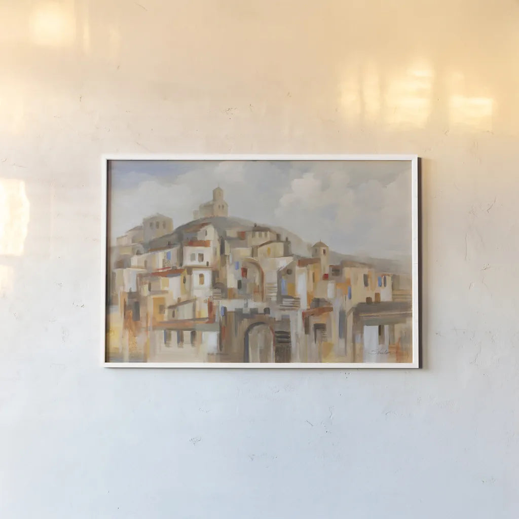 Town on the Hill by Silvia Vassileva. shown as a paper print in a white frame. Available as a archival giclee rolled canvas, fine art paper, or poster print. SKU 89038i.