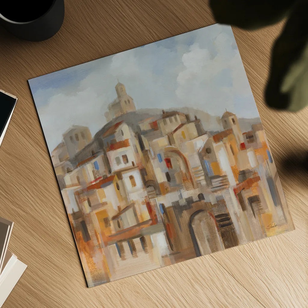 Town on the Hill Sq by Silvia Vassileva. Shown as a detailed flat fine art print, highlighting archival giclee quality. Available as an archival giclee rolled canvas, fine art paper, or poster print. SKU 95753a.