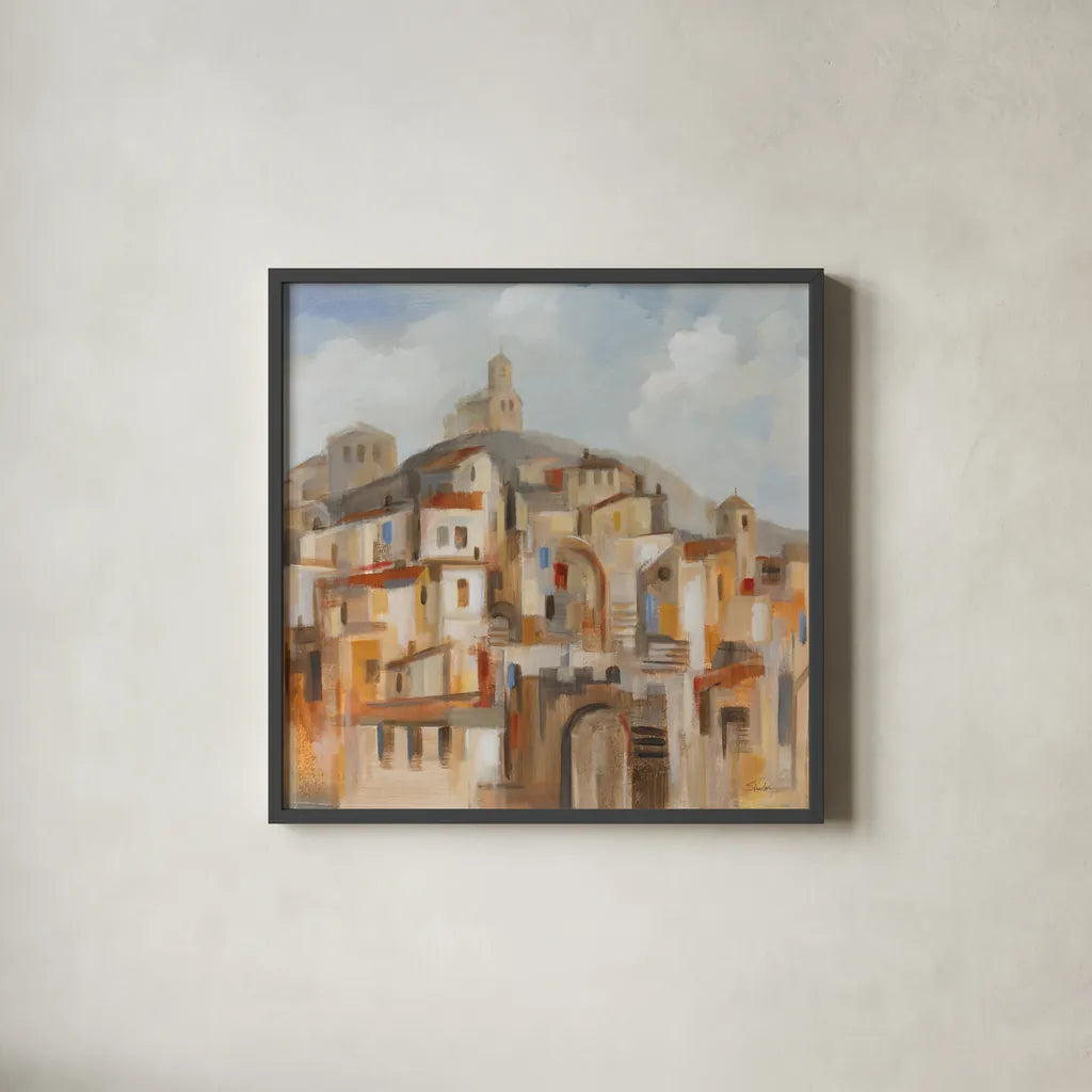 Town on the Hill Sq by Silvia Vassileva. Shown in a sleek black glass frame for a contemporary gallery look. Available as an archival giclee rolled canvas, fine art paper, or poster print. SKU 95753a.