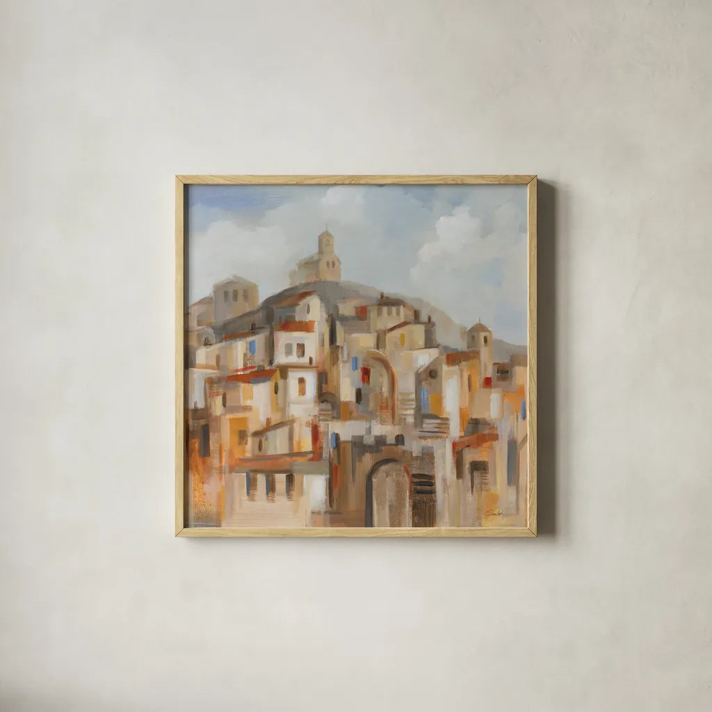 Town on the Hill Sq by Silvia Vassileva. Shown in a natural wood glass frame for a timeless modern aesthetic. Available as an archival giclee rolled canvas, fine art paper, or poster print. SKU 95753a.