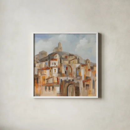 Town on the Hill Sq by Silvia Vassileva. Shown in a crisp white glass frame for a clean and minimalist style. Available as an archival giclee rolled canvas, fine art paper, or poster print. SKU 95753a.