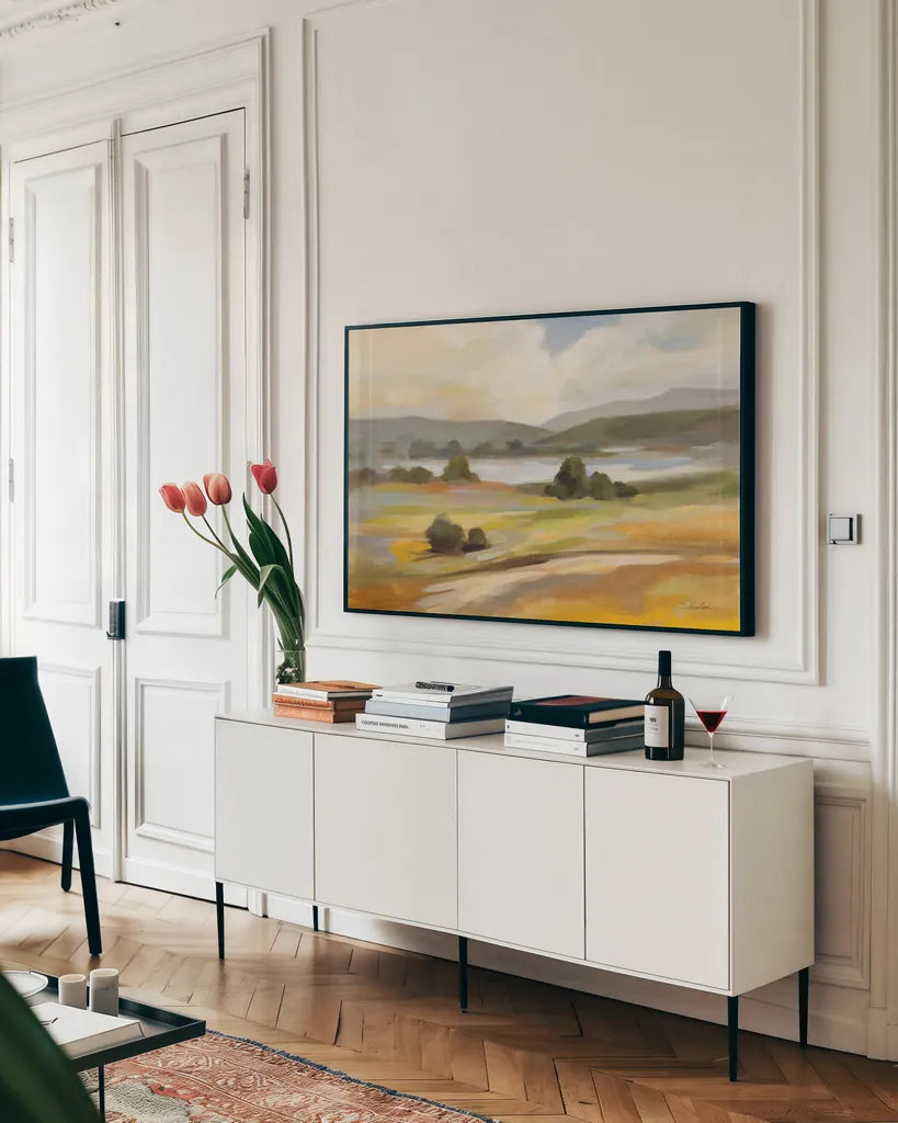Tranquil Landscape by Silvia Vassileva. shown as a framed stretched canvas in a living room above a console. Available as a archival giclee rolled canvas, fine art paper, or poster print. SKU 83091i.