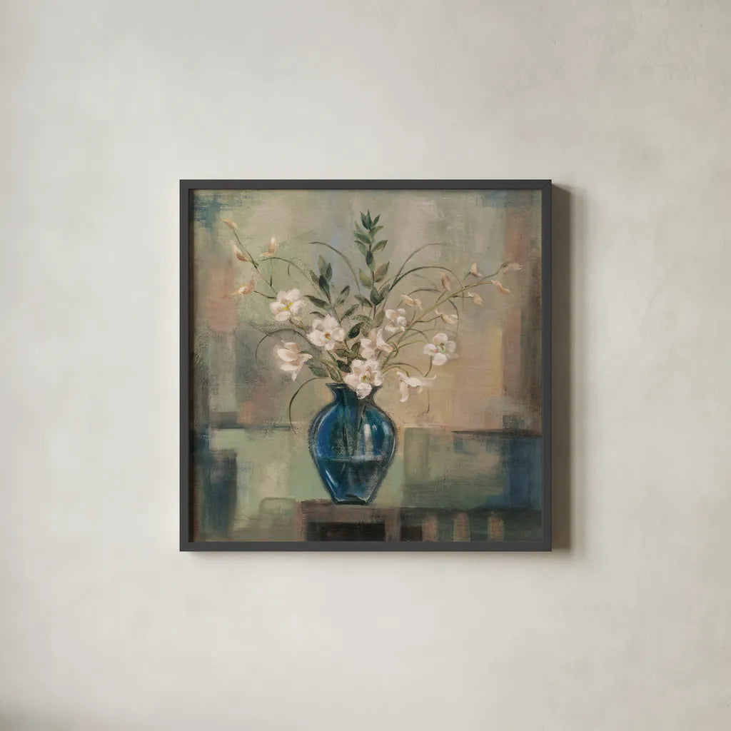 Tranquility II Neutral by Silvia Vassileva. Shown in a sleek black glass frame for a contemporary gallery look. Available as an archival giclee rolled canvas, fine art paper, or poster print. SKU 100548a.