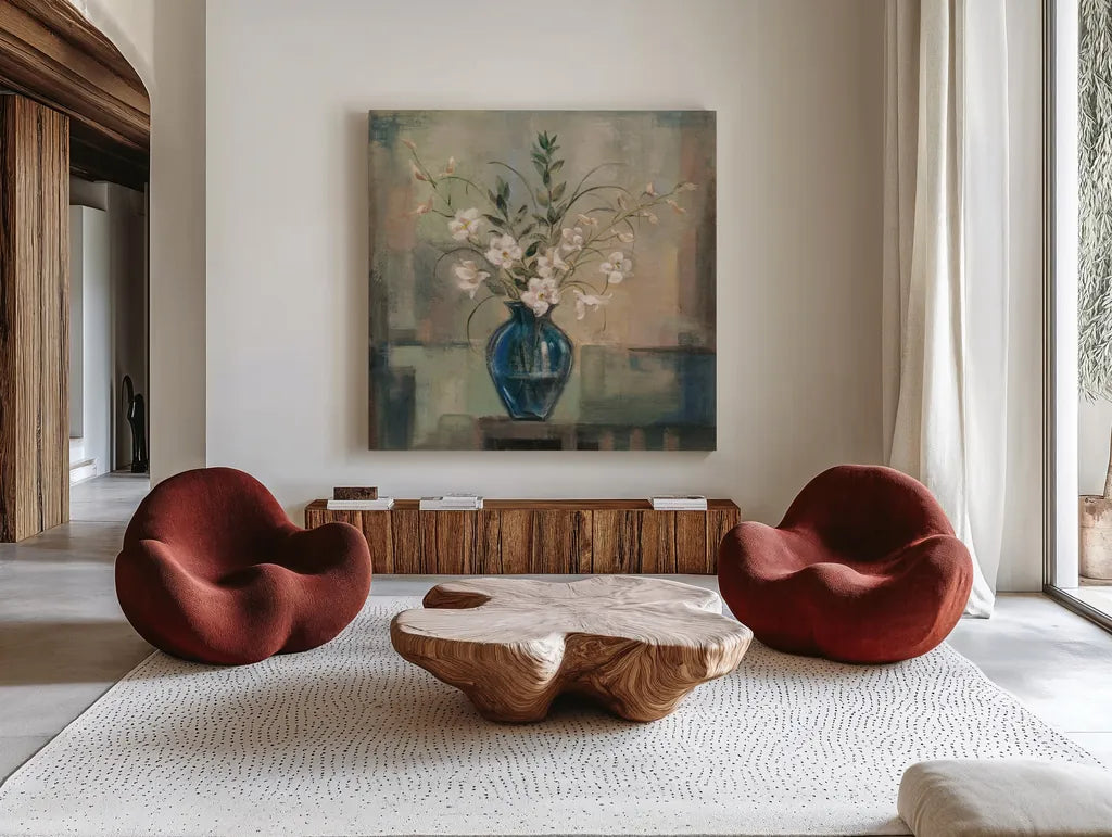 Tranquility II Neutral by Silvia Vassileva. Shown as extra-large giant wall art in a modern living room. Available as an archival giclee rolled canvas, fine art paper, or poster print. SKU 100548a.