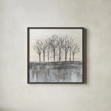 Trees at Dawn II Neutral by Silvia Vassileva. Shown in a sleek black glass frame for a contemporary gallery look. Available as an archival giclee rolled canvas, fine art paper, or poster print. SKU 60555a.