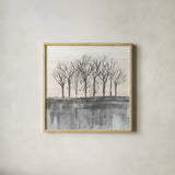 Trees at Dawn II Neutral by Silvia Vassileva. Shown in a natural wood glass frame for a timeless modern aesthetic. Available as an archival giclee rolled canvas, fine art paper, or poster print. SKU 60555a.