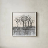 Trees at Dawn II Neutral by Silvia Vassileva. Shown in a crisp white glass frame for a clean and minimalist style. Available as an archival giclee rolled canvas, fine art paper, or poster print. SKU 60555a.