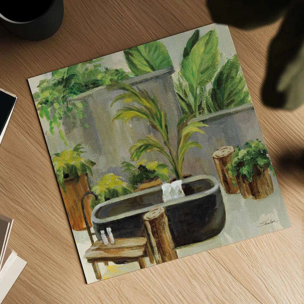 Tropical Bath I by Silvia Vassileva. Shown as a detailed flat fine art print, highlighting archival giclee quality. Available as an archival giclee rolled canvas, fine art paper, or poster print. SKU 83098a.