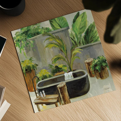 Tropical Bath I by Silvia Vassileva. Shown as a detailed flat fine art print, highlighting archival giclee quality. Available as an archival giclee rolled canvas, fine art paper, or poster print. SKU 83098a.