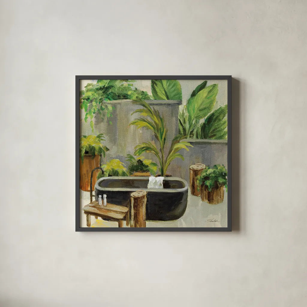 Tropical Bath I by Silvia Vassileva. Shown in a sleek black glass frame for a contemporary gallery look. Available as an archival giclee rolled canvas, fine art paper, or poster print. SKU 83098a.