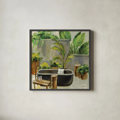 Tropical Bath I by Silvia Vassileva. Shown in a sleek black glass frame for a contemporary gallery look. Available as an archival giclee rolled canvas, fine art paper, or poster print. SKU 83098a.