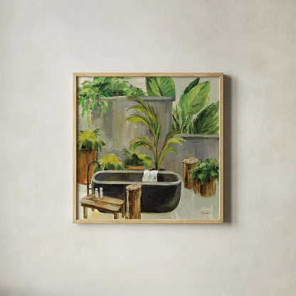 Tropical Bath I by Silvia Vassileva. Shown in a natural wood glass frame for a timeless modern aesthetic. Available as an archival giclee rolled canvas, fine art paper, or poster print. SKU 83098a.