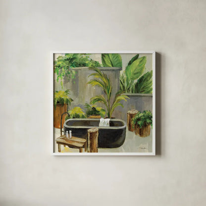 Tropical Bath I by Silvia Vassileva. Shown in a crisp white glass frame for a clean and minimalist style. Available as an archival giclee rolled canvas, fine art paper, or poster print. SKU 83098a.