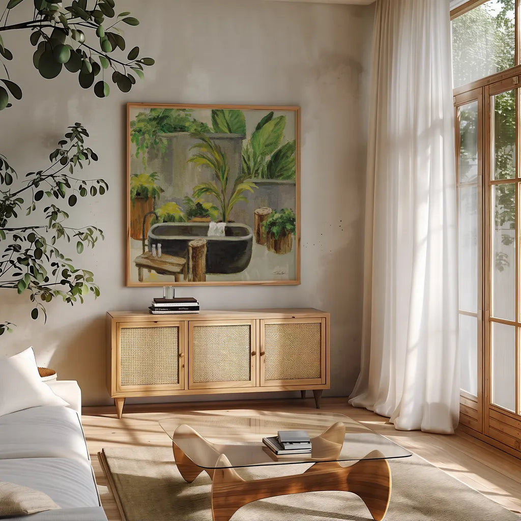 Tropical Bath I by Silvia Vassileva. Shown in a natural wood frame in a cozy modern living room. Available as an archival giclee rolled canvas, fine art paper, or poster print. SKU 83098a.