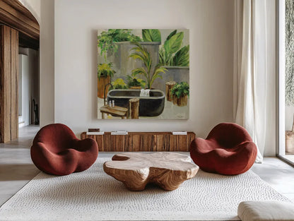 Tropical Bath I by Silvia Vassileva. Shown as extra-large giant wall art in a modern living room. Available as an archival giclee rolled canvas, fine art paper, or poster print. SKU 83098a.