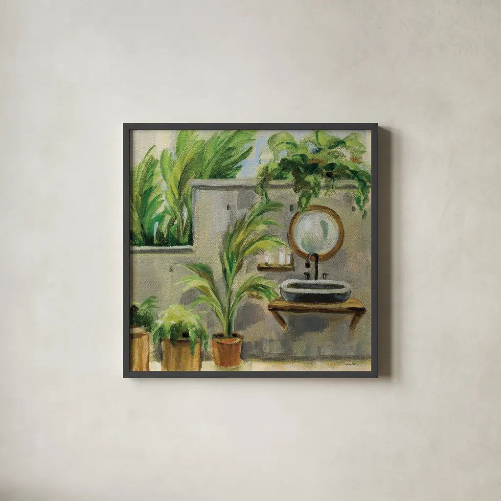 Tropical Bath II by Silvia Vassileva. Shown in a sleek black glass frame for a contemporary gallery look. Available as an archival giclee rolled canvas, fine art paper, or poster print. SKU 83099a.