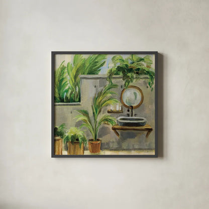 Tropical Bath II by Silvia Vassileva. Shown in a sleek black glass frame for a contemporary gallery look. Available as an archival giclee rolled canvas, fine art paper, or poster print. SKU 83099a.