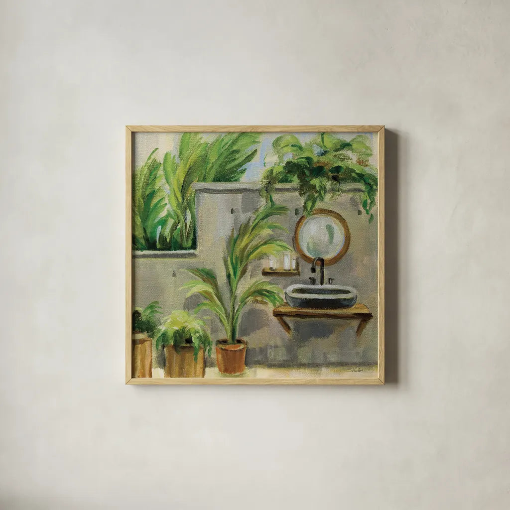 Tropical Bath II by Silvia Vassileva. Shown in a natural wood glass frame for a timeless modern aesthetic. Available as an archival giclee rolled canvas, fine art paper, or poster print. SKU 83099a.