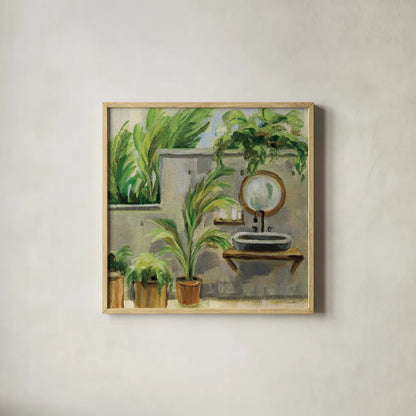 Tropical Bath II by Silvia Vassileva. Shown in a natural wood glass frame for a timeless modern aesthetic. Available as an archival giclee rolled canvas, fine art paper, or poster print. SKU 83099a.