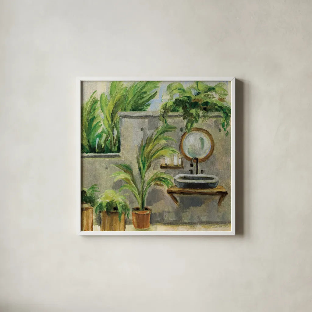 Tropical Bath II by Silvia Vassileva. Shown in a crisp white glass frame for a clean and minimalist style. Available as an archival giclee rolled canvas, fine art paper, or poster print. SKU 83099a.