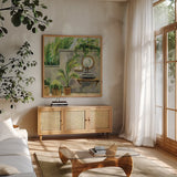Tropical Bath II by Silvia Vassileva. Shown in a natural wood frame in a cozy modern living room. Available as an archival giclee rolled canvas, fine art paper, or poster print. SKU 83099a.