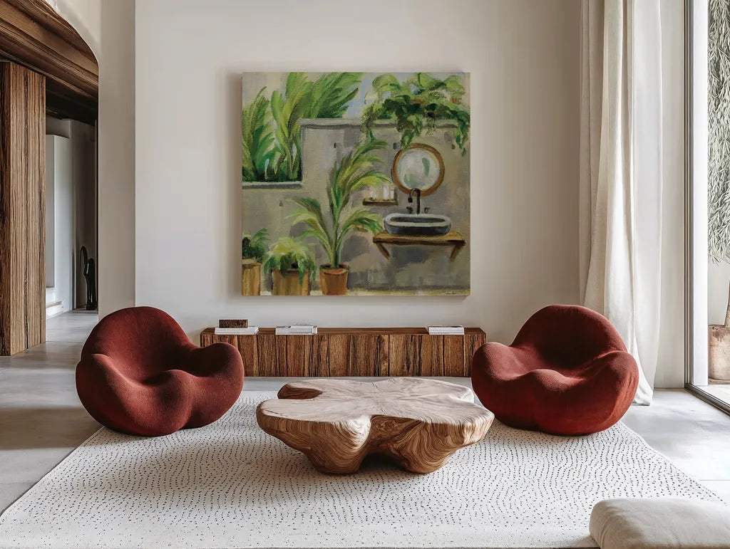 Tropical Bath II by Silvia Vassileva. Shown as extra-large giant wall art in a modern living room. Available as an archival giclee rolled canvas, fine art paper, or poster print. SKU 83099a.